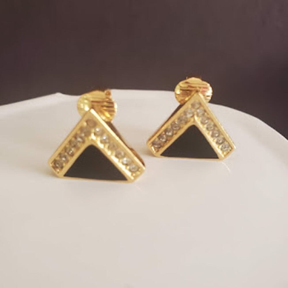Christian Dior Vintage Gold Tone Black Triangle Rhinestone Clip On Earrings - Picture 2 of 6